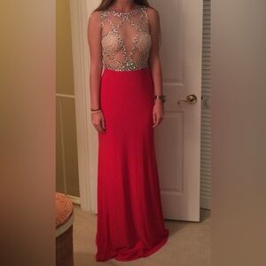 RED CRYSTAL BEADED SHEER LONG RED PROM FORMAL DRESS